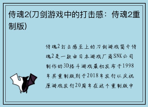 侍魂2(刀剑游戏中的打击感：侍魂2重制版)